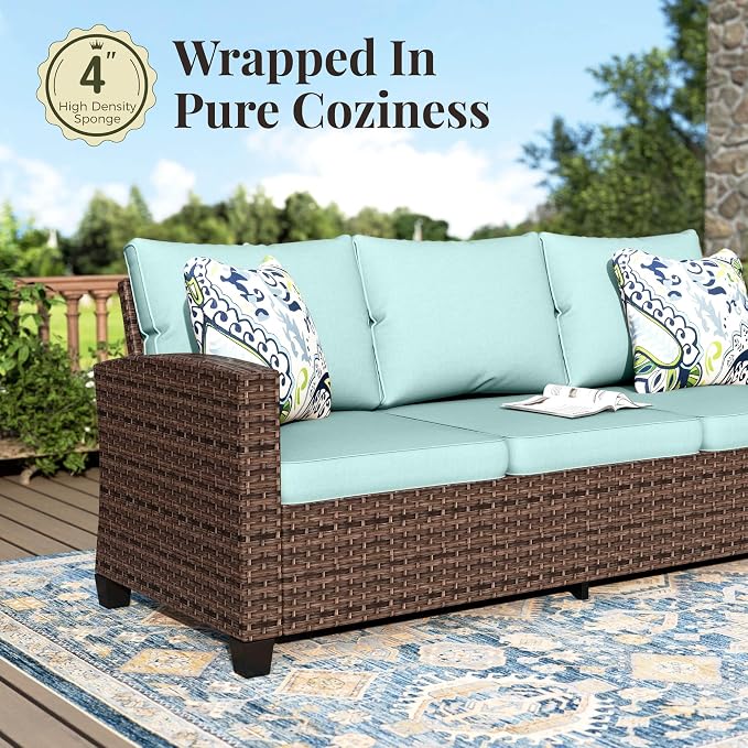 MIXPATIO Patio Furniture Set, 7 Pcs Wicker Rattan Outdoor Conversation Set, 2 x Leg Chairs, 2 x Swivel Chairs, 1 x 3 Seater Sofa and 2 x Ottoman with 4" Thick Cushion for Garden Backyard Deck, Blue