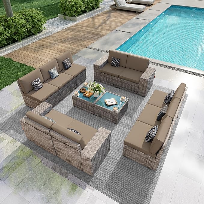 12 Pieces Patio Furniture Set, Outdoor Modular Sectional Couch Conversation Set with Wide Armrests, Wicker Seating Group Sofa with Coffee Table for Backyard Balcony Garden Deck (Khaki Cushions)