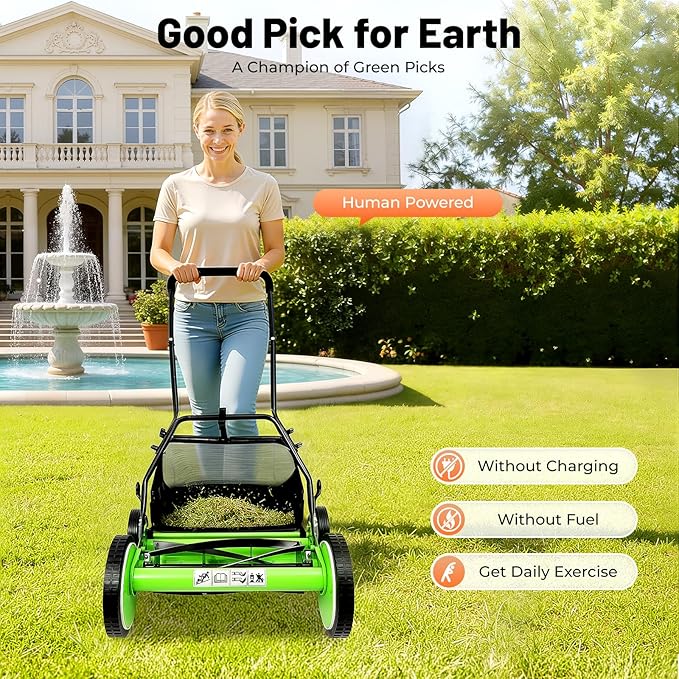 16-Inch 5-Blade Reel Lawn Mower, Cordless Manual Push Mower with Detachable Grass Catcher, 9-Position 1.34-2.52 in Adjustable Cutting Height, Walk-Behind Grass Cutter for Lawns, Driveways, Courtyards