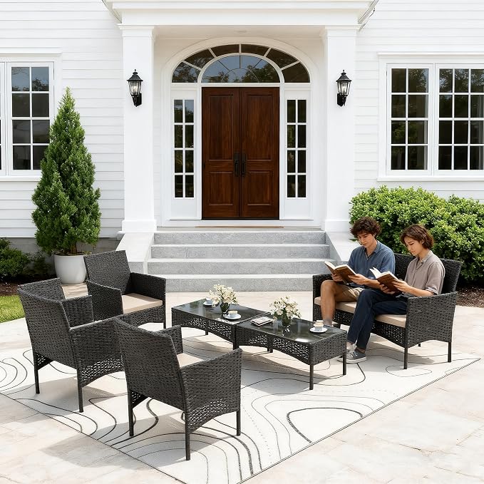 Gotland 8 Pieces Patio Furniture Set, Wicker Outdoor Furniture with 4 Chairs 2 Loveseats 2 Glass Coffee Tables, Weather-Resistant Patio Set, Conversation Set for Backyard Pool Porch Khaki