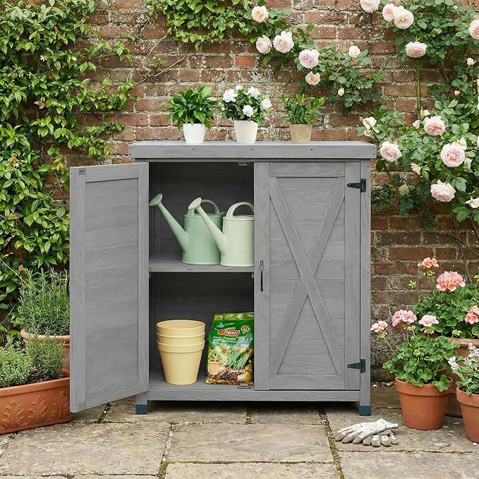 Gray Wood Outdoor Storage Box and Potting Bench with Metal Table Top, Weather-Resistant Deck Box for Patio Garden Tools, Sturdy X-Frame Work Station, 31 x 17 x 36 Inches