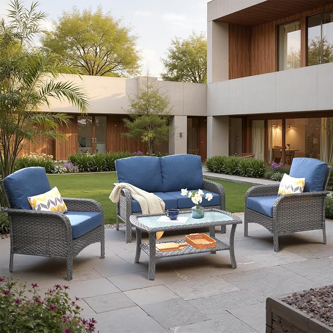 4 PCS Outdoor Patio Furniture Set with Glass Table, All-Weather Rattan Wicker Outdoor Conversation Set with Thickened Cushions for Balcony Backyard Garden Lawn,Blue