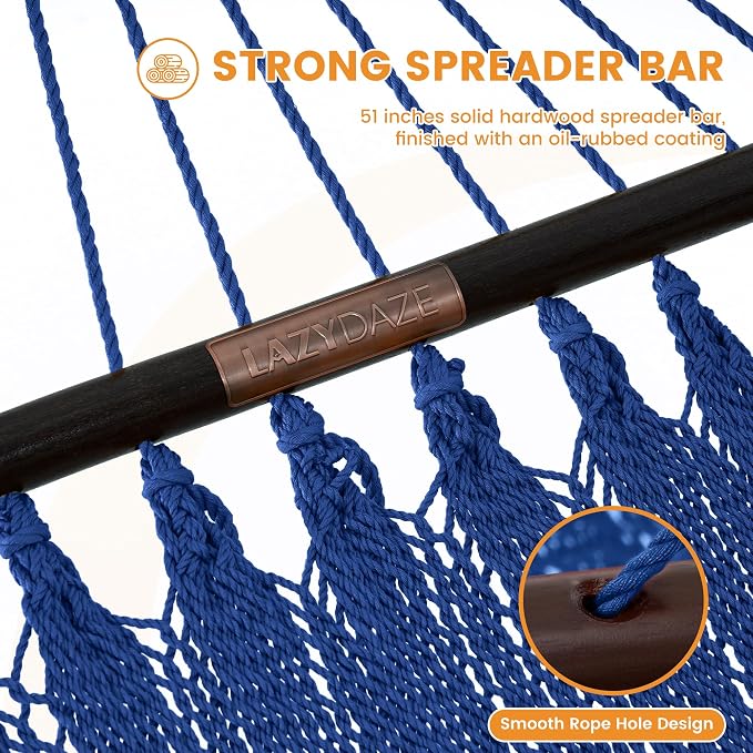 Lazy Daze Hammocks 10.5 FT Double 2 Person Caribbean Rope Hammock, Hand Woven Polyester Hammock with Spreader Bars, for Outside Outdoor Backyard Patio Poolside, 450 LBS Capacity, Blue