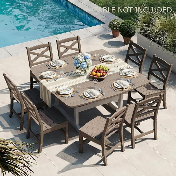 Outdoor Armless Dining Chairs Set of 4,HDPE Patio Chairs with Wide Seat,All-Weather HDPE Patio Armless Chairs for Porch, Backyard, Deck, White Brown, Table not Included