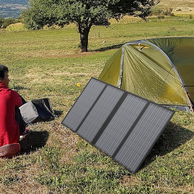 350W Solar Generator, Powkey 60W Solar Panel and 10W USB LED Light Kit, 70,000mAh Power Bank with AC Outlets, 9 Outports Power Station for Outdoors Camping Travel Hunting Emergency
