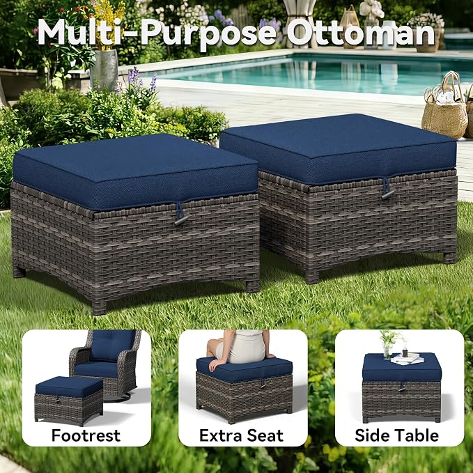 4 Piece Outdoor Wicker Patio Furniture Set, Patio Chairs Set with Thickened Olefin Cushions, High Back and Deep Seating, Hand-Woven PE Rattan, Ottoman for Porch, Deck, Blue