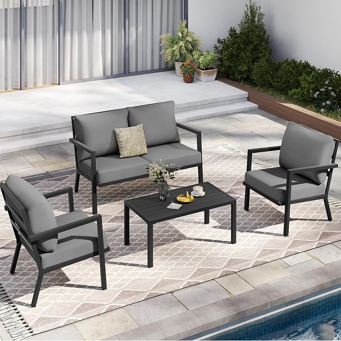 HAPPATIO Aluminum Patio Furniture Set, 4 Pieces Conversation Set with Thick Cushions and Coffee Table, All Weather 3-Seat Sofa Waterproof and Rustproof for Garden, Backyard, Porch, Black