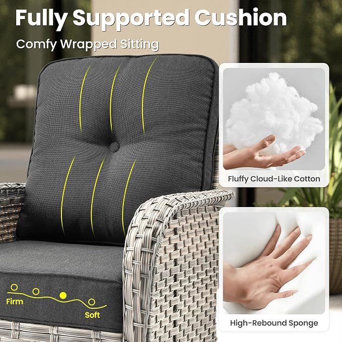 ovios 8-Piece Patio Furniture Set with L-Shape Sofa Chaise, Outdoor Sectional Couch Swivel Gliders Solar Table, Modern Modular Wicker Rattan Conversation Set, Black