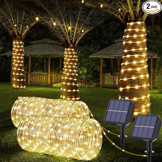 Solar Rope Lights, 2 Pack Total 66ft 200LED Solar String Lights, 8 Modes Waterproof Solar Outdoor Light, Flexible Clear Trampoline Light for Garden Yard Patio Deck Porch Pool Tree Decor - Warm White