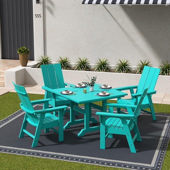 WestinTrends Ashore 5 Pieces Adirondack Patio Dining Set, All Weather Poly Lumber Slatted Modern Farmhouse Outdoor Furniture Set, 43" Trestle Square Table and 4 Adirondack Dining Chair, Turquoise
