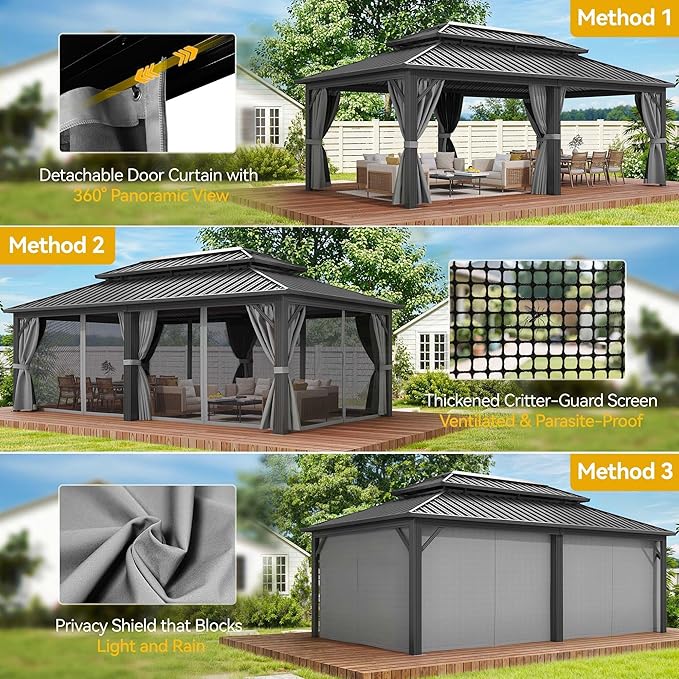 DWVO 12x18ft Gazebo Double Roof Hardtop with Nettings and Curtains, Heavy Duty Galvanized Steel Outdoor Vertical Stripes Roof for Patio, Backyard, Deck, Lawns, Brown