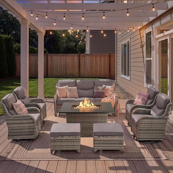 Luxury Patio Furniture Set with Fire Pit Table-8 Pieces All Weather Outdoor Swivel Rocker Chairs with Sofa and Ottomans. Outdoors Patio Conversation Sets for Porch Deck Garden Backyard(Grey/Grey)