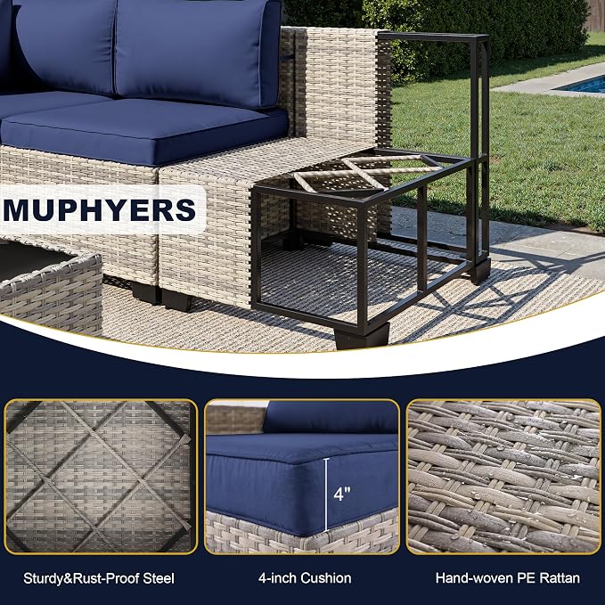 11-Piece Outdoor Patio Furniture Set with Rocking Swivel Chair, Wicker Rattan Sectional Sofa Conversation Set with 55,000 BTU Fire Pit Table, Backyard Furniture, Navy Blue