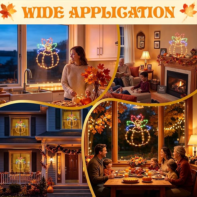 Hiboom Large Thanksgiving Turkey Pumpkin Window String Lights Decorations, Turkey String Light with Timer 8 Mode USB Powered for Fall Decor Home Party Indoor Outdoor(Yellow Red Green,16")
