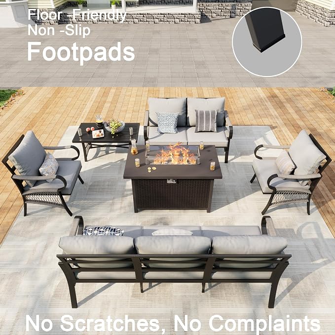 6 Pieces Patio Furniture Set, Metal Outdoor Conversation Sets with Fire Pit Table for Backyard Garden Deck Porch Poolside (Thick Gray Cushions)