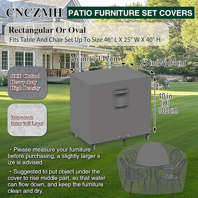 Heavy Duty Patio Furniture Covers Waterproof, 600D Outdoor Furniture Cover Waterproof for Sectional Sofa Couch, Outdoor Dining Table and Chair Set Covers 46''L x 25''W x 40''H, Grey