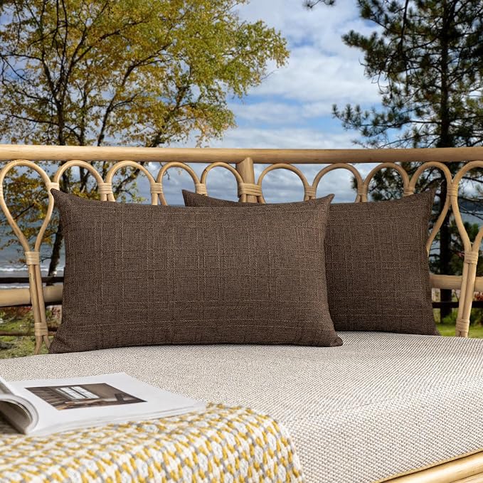 Kevin Textile Outdoor Waterproof 12”x24” Lumbar Pillow Covers 2 Pack, Brown | Water Resistant, Soft Faux Linen-cotton Yarn-dyed Woven Texture Throw Pillow Covers for Tent Patio Garden Couch Sofa