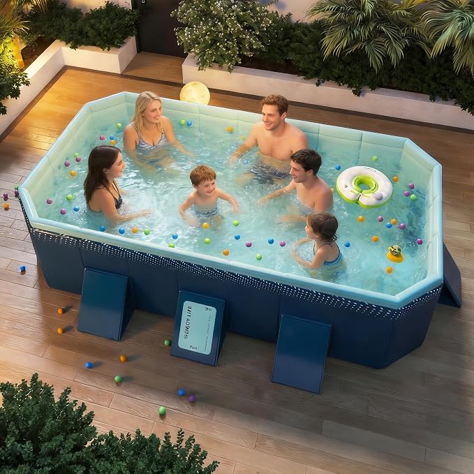 Foldable Pool, Non-Inflatable Swimming Pool for Kids Adults, Extra Large Stable Collapsible Pool Hard Plastic, Portable Folding Kids Dogs Pool for Family Backyard Garden Outdoor, 113"L x 66"W x 21"H