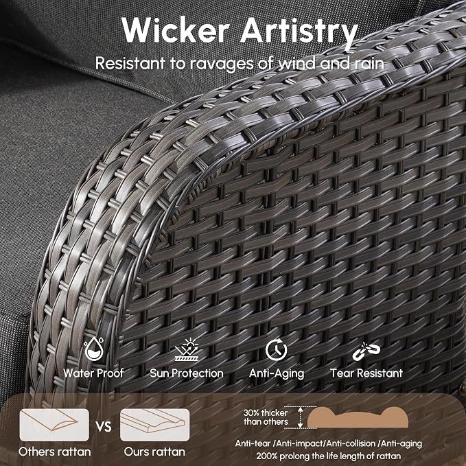 Wicker Rocking Chair Swivel Chairs - 3 Piece Rocker Glider Patio Chairs Set Rattan Rocking Chair for Outdoor Porch Deck Garden Backyard,Black