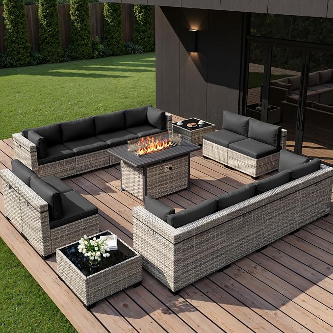 15-Piece Outdoor Patio Furniture Set with 55,000 BTU Fire Pit Table, PE Wicker Rattan Sectional Sofa Conversation Set - All-Weather Garden, Backyard Furniture, Dark Grey