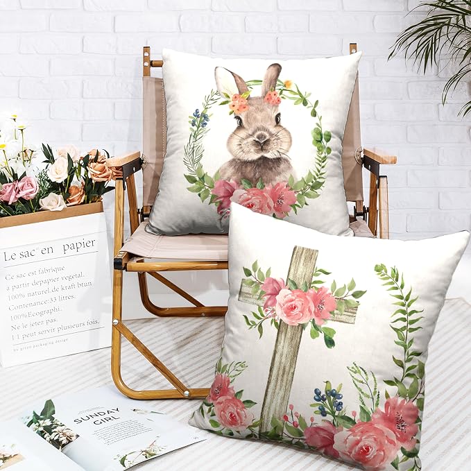 Spring Easter Pillow Covers Bunny Floral Wreath Easter Pillow Case 18x18 Pink Flowers Cross Throw Pillow Covers Set of 2 Cotton Linen Cushion Case for Living Room Couch Sofa
