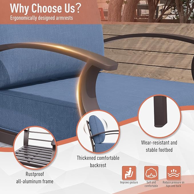 Kurapika Aluminum Patio Furniture Set 5-Seat Modern Metal Outdoor Conversation Sets w/45in Propane Fire Pit Table, Swivel Rocking Chairs Patio Sectional Sofa w/5.1in Cushion, Navy Blue