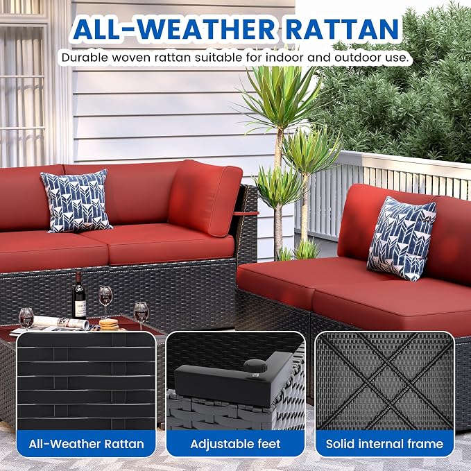 8 Piece Patio Furniture Set with 44” Fire Pit Table All-Weather Wicker Conversation Sectional Sofa & Coffee Table with Thickened Cushions for Backyard, Garden(Wine Red)