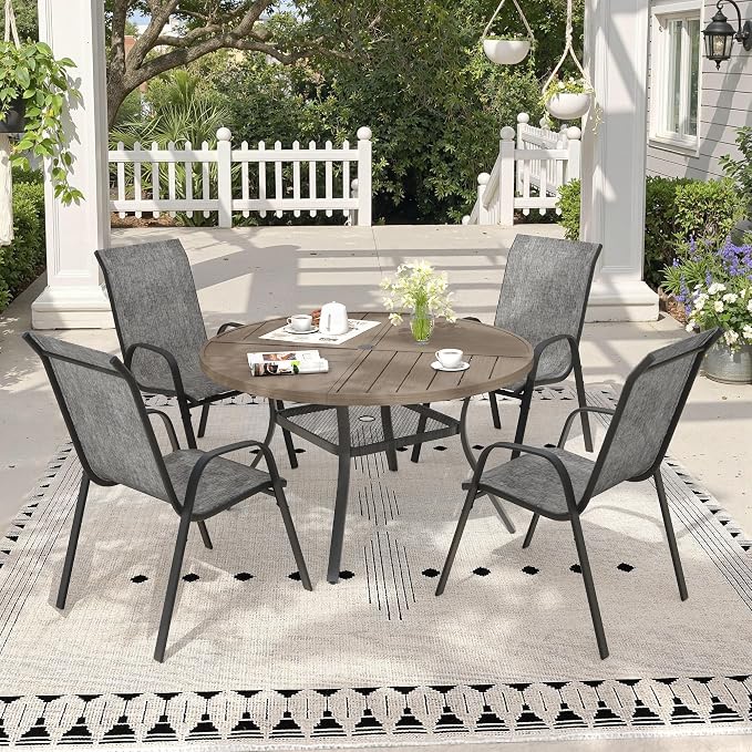 5 Pieces Outdoor Dining Set, 40.7" Spliced Patio Table with Umbrella Hole & Stackable Outdoor Dining Chairs, Patio Furniture Set for Deck Garden Porch, Grey Chairs & Grey Table