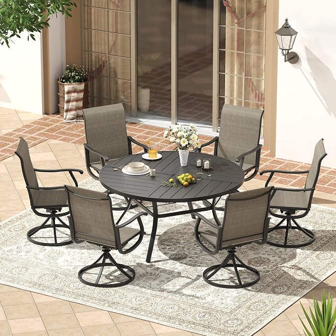 VICLLAX Patio 7 Pieces Outdoor Dining Set, 50" Round Metal Table with Umbrella Hole and 6 Swivel Textilene Chairs for Lawn, Garden, Porch, Black/Brown