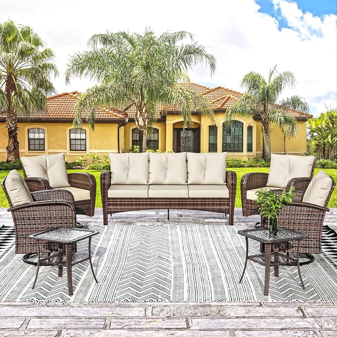 7 Pieces Patio Set, 73" PE Rattan Sofa, Coffee Table, Wicker Swivel Glider Chairs, Outdoor Conversation Furniture with Removble Cushion, Loveseat Couch for Porch, Deck, Lawn (Beige)