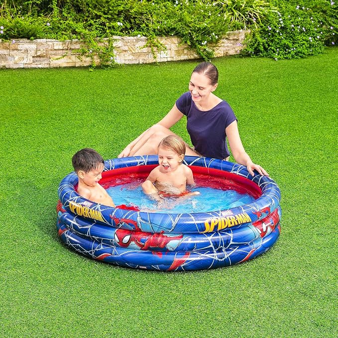 Spiderman Inflatable Pool - Bundle with Marvel Inflatable Kiddie Pool for Boys, Girls, Kids Plus Stickers, More | Spiderman Kiddie Pool Set (48" L x 48" W x 10" H)