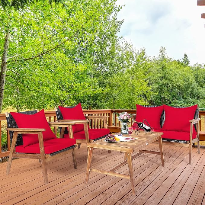 HAPPYGRILL 4PCS Outdoor Rattan Sofa Set Acacia Wood Frame Conversation Set with Coffee Table, Sectional Furniture Set with Cushions for Backyard Porch Garden Poolside Balcony