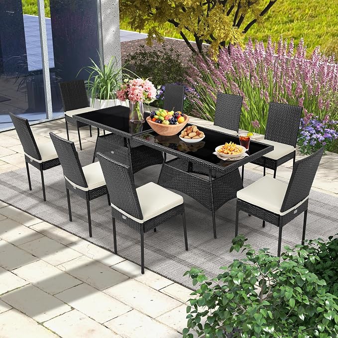 10 Pieces Patio Wicker Dining Set Outdoor Furniture, Outdoor Rattan Table and Chairs with Tempered Glass Table-top & Padded Cushions, Patio Furniture Sets for Backyard, Balcony (Black)