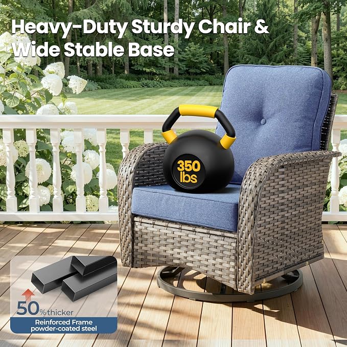 6 Piece Patio Swivel Rocker Chairs Set with Side Table, Denim Blue | High Back Deep Seating, All Weather Wicker, Outdoor Glider Chair Set, Porch Deck Backyard Balcony Furniture