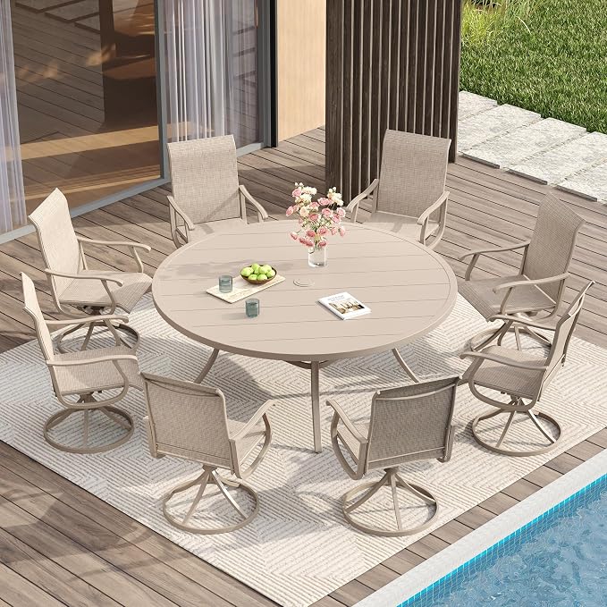 VICLLAX Patio Dining Set for 8, 9 Pieces Outdoor Furniture Includes 60" Round Patio Table with Umbrella Hole and 8 Outdoor Swivel Chairs for Lawn Garden, Sandshell Tabletop and Fabric