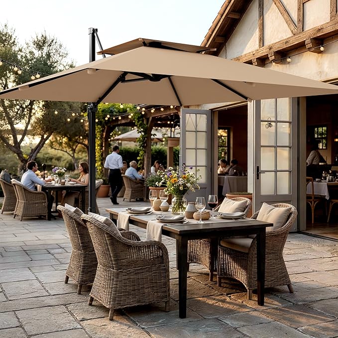 AreShark 9×9FT Double-Top Cantilever Patio Umbrella, Square Offset Umbrella with 360 Degree Rotation, Heavy Duty Patio Umbrella for Garden Deck Pool, 5 Tilt Angles, Beige