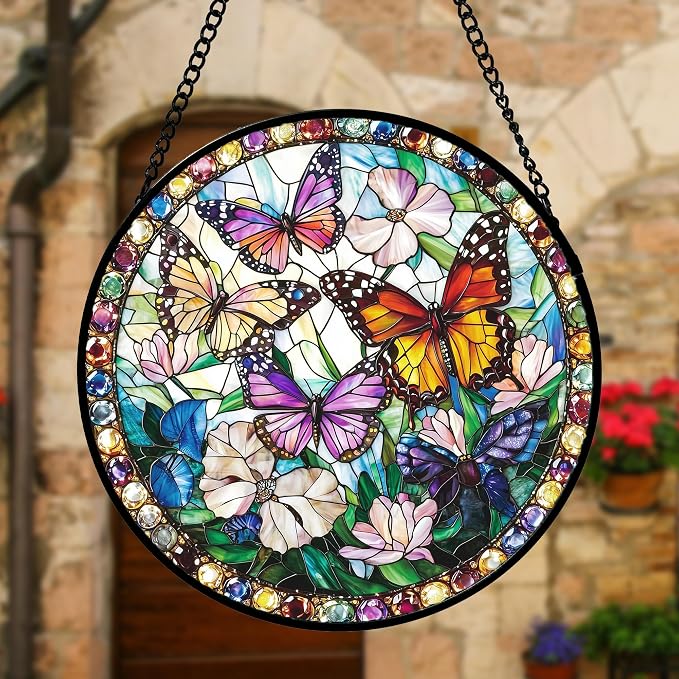 DASTOLL Stained Glass Window Hanging, Colorful Butterfly Suncatcher for Doors Home Sun Catchers Decoration and Christmas, Mother's Day Birthday Gifts for Women, Men, and Mom 7.8 in