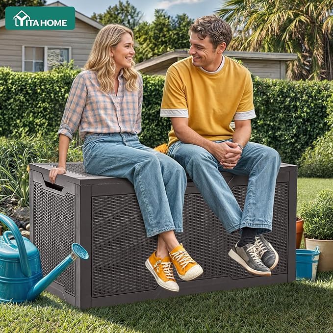 YITAHOME 100 Gallon Resin Deck Box, Weather Resistant Outdoor Storage Box, Lockable Indoor Outdoor Storage for Supplies and Essentials, Dark Brown