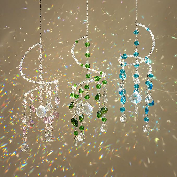 3 Pcs Crystal Suncatchers Wind Chimes, Spiral Sun Catchers Indoor Window | Crystal Wind Chimes Boho Healing Hanging Crystals for Home Garden Wedding Decoration(Pink,Green,Blue)