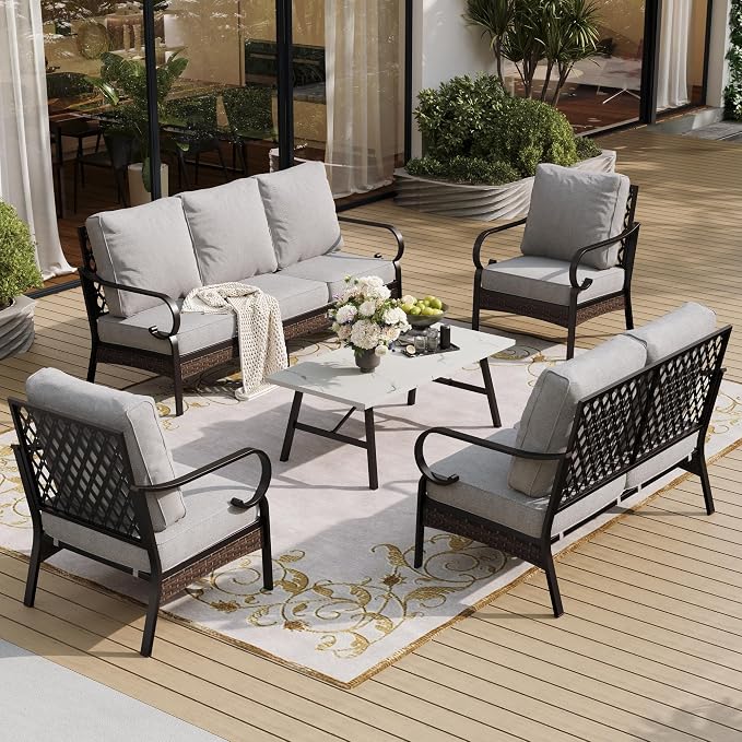 SUNSHINE VALLEY 5 Piece Metal Outdoor Patio Furniture Set, Patio Conversation Sets 1 3-Seater Sofa, 2-Seater Sofa, 2 Fixed Sofa with 5.75" Cushion & Coffee Table Black Backyard Furniture, Light Gray