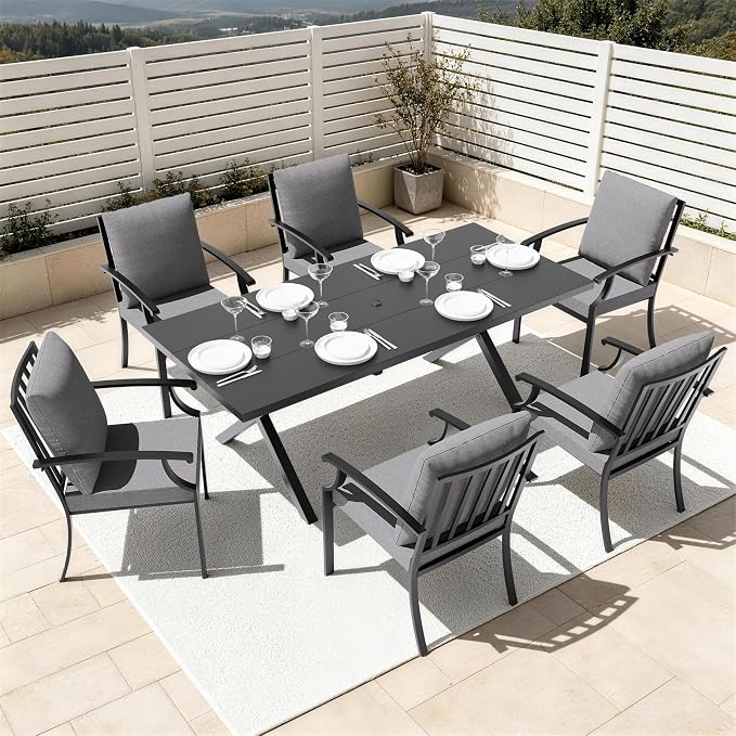 7 PCS Outdoor Patio Dining Set,Patio Table and Chairs Metal Outdoor Patio Furniture Set with Umbrella Hole,Dining Table Set with 6 Chairs for Deck,Backyard and Garden,Grey
