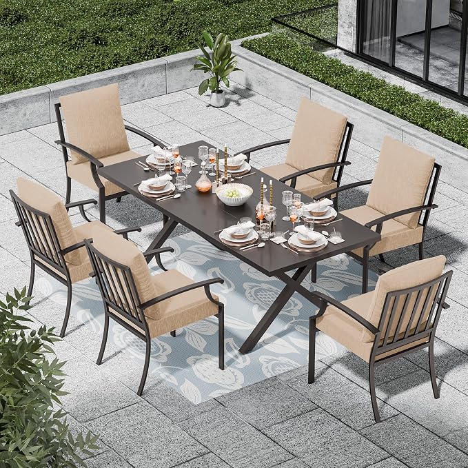 7 Piece Outdoor Dining Set for 6, Metal Patio Table and Chairs with Cushions, Patio Furniture Set with 6 Stackable Chairs, Rectangular Patio Dining Table with Umbrella Hole, Lawn Deck, Yard-Sand