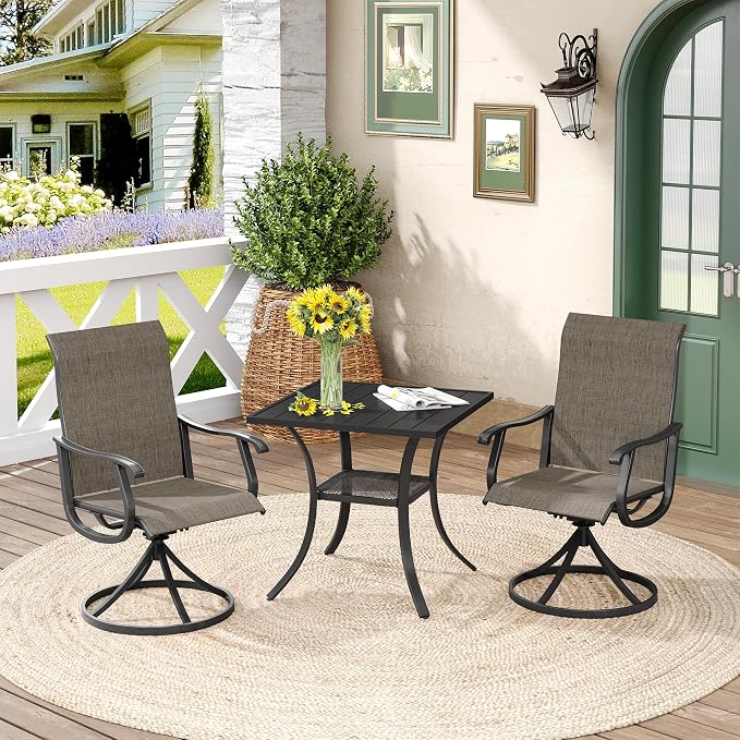 DIFY 3 Pieces Outdoor Patio Dining Set for 2, 27.6" Small Black Square Metal Dining Table and 2 Brown Textilene Swivel Dining Chairs, Outdoor Table and Chairs
