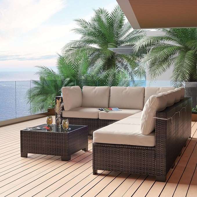 GarveeHome 7 Piece Patio Furniture Set, PE Rattan Wicker Sectional Sofa Set with Cushions & Glass Top Coffee Table, Outdoor Conversation Furniture for Garden, Balcony, Porch, Backyard