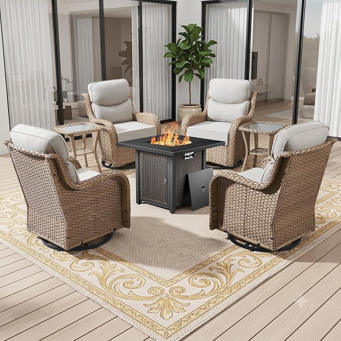 Luxury 7 Piece Wicker Patio Furniture Set with Swivel Rocker and 30“Fire Pit Table - Yellow