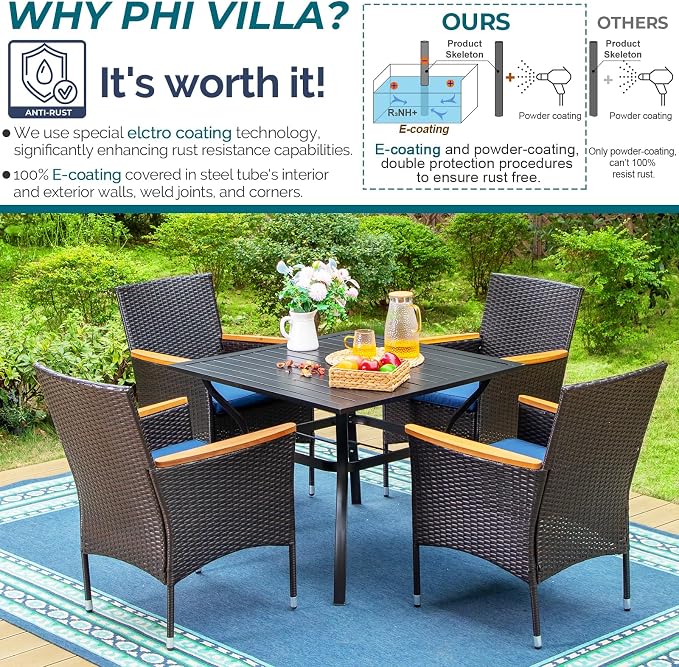 PHI VILLA 5 Pieces Outdoor Patio Dining Set for 4, Metal Steel Frame Table with Umbrella Hole & All Weather PE Rattan Cushioned Chairs Set for Deck, Yard, Porch