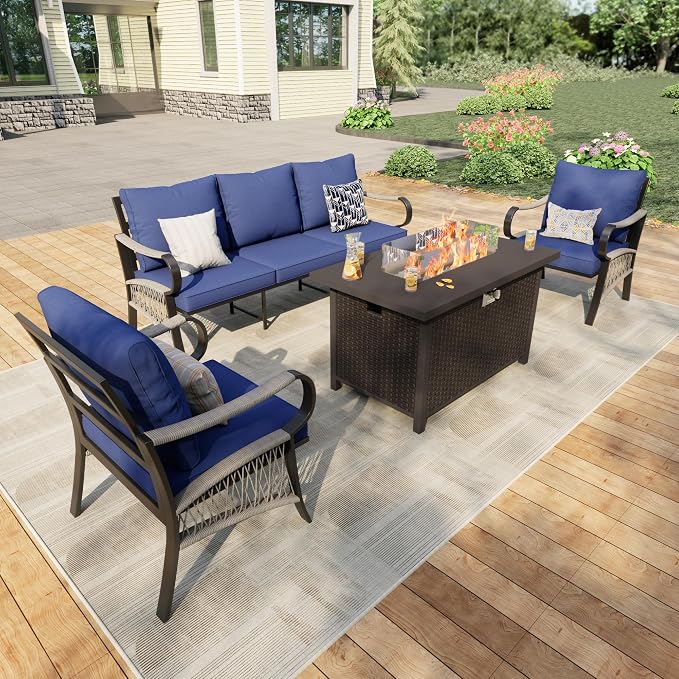 4 Pieces Patio Furniture Set, Metal Outdoor Conversation Sets with Fire Pit Table for Backyard Garden Deck Porch Poolside (Thick Blue Cushions)