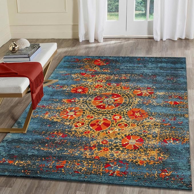 Liora Manne Marina Indoor/Outdoor Power Loomed Synthetic Blend Low Profile Area Rug - Contemporary Medallion Casual Colorful (Suzanie Blue) (2'7" x 4'3")