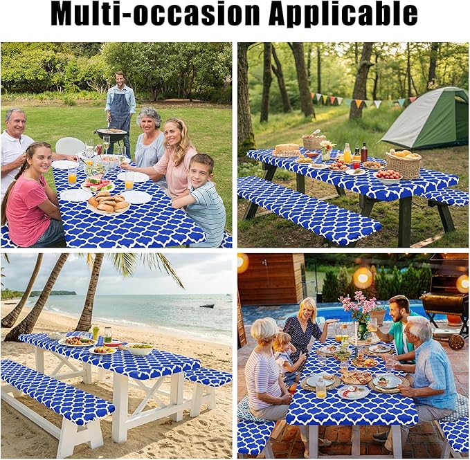 Smiry Picnic Table Cover with Bench Covers, Waterproof Elastic Fitted Tablecloth for 5 Foot Tables, Washable Polyester Tablecloths for Camping, Indoor & Outdoor (Blue, 30x60 Inch 3-pc Set)