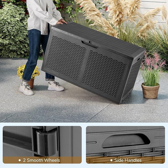 Tangkula 100 Gallon Outdoor Storage Box, Lockable Outdoor Storage Bench with 2 Smooth Wheels, Faux Rattan Surface, Waterproof Resin Deck Box for Outside Poolside Patio Garden (Grey)
